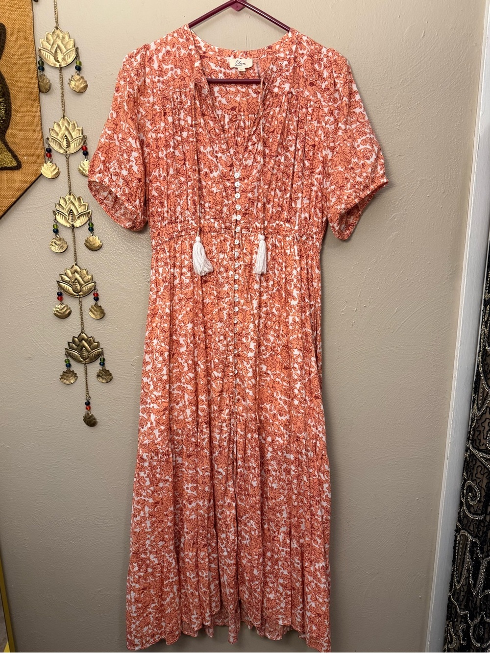 Elan Women’s Floral Orange & White Boho Cottage Maxi Dress Tassel Ties size M